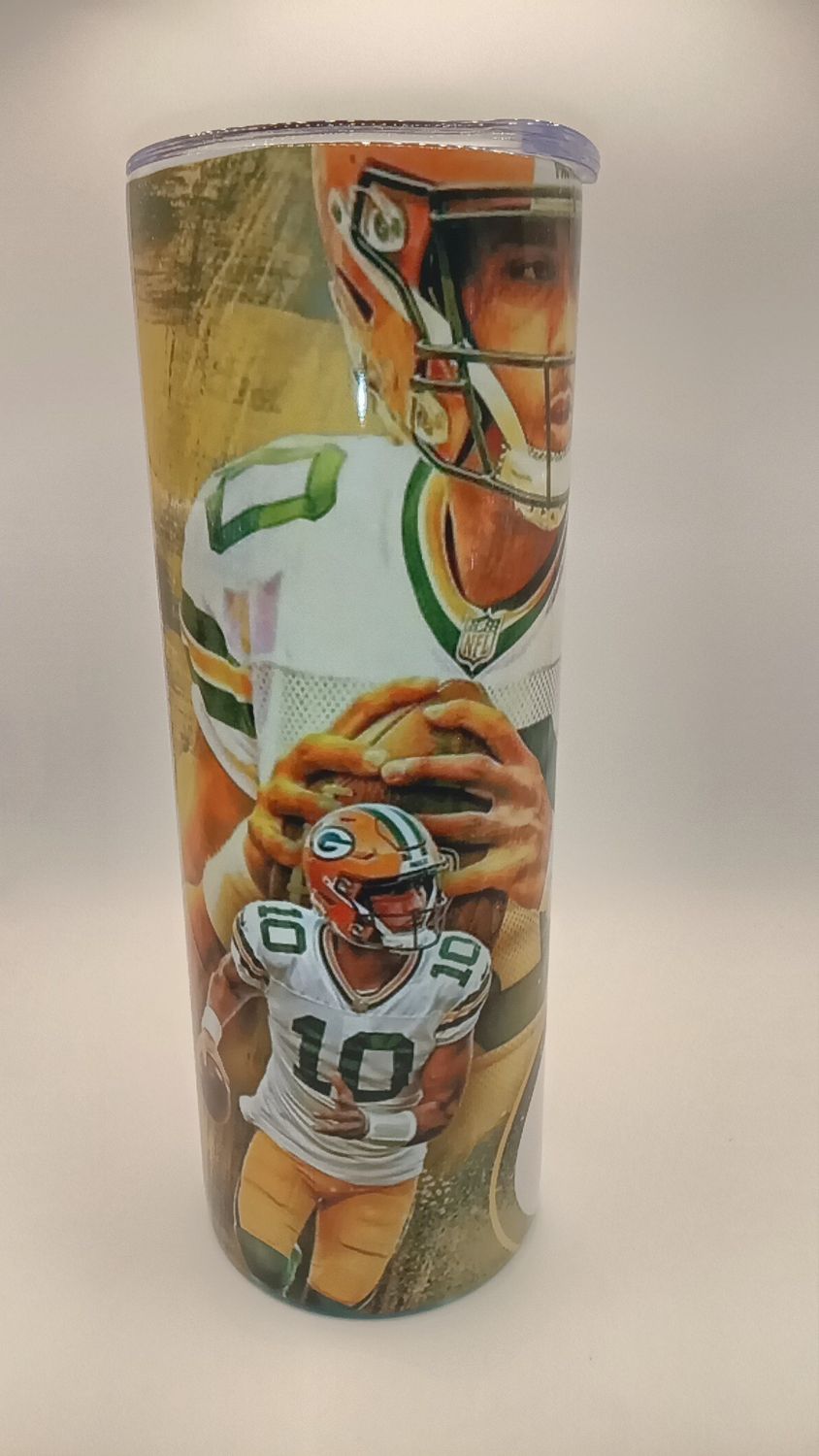 Green Bay #10 20 oz Tumbler – Mustard Yellow &amp; Green Football Cup with Lid &amp; Straw