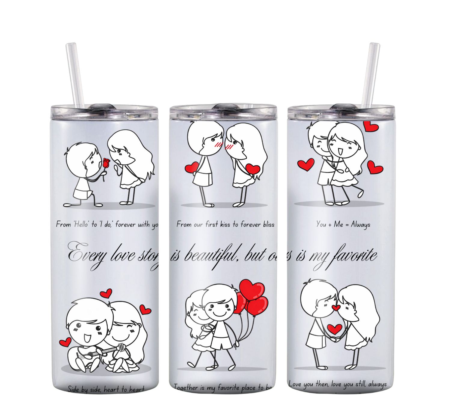 20oz Valentine’s Tumbler – Love Story Design with Red Hearts