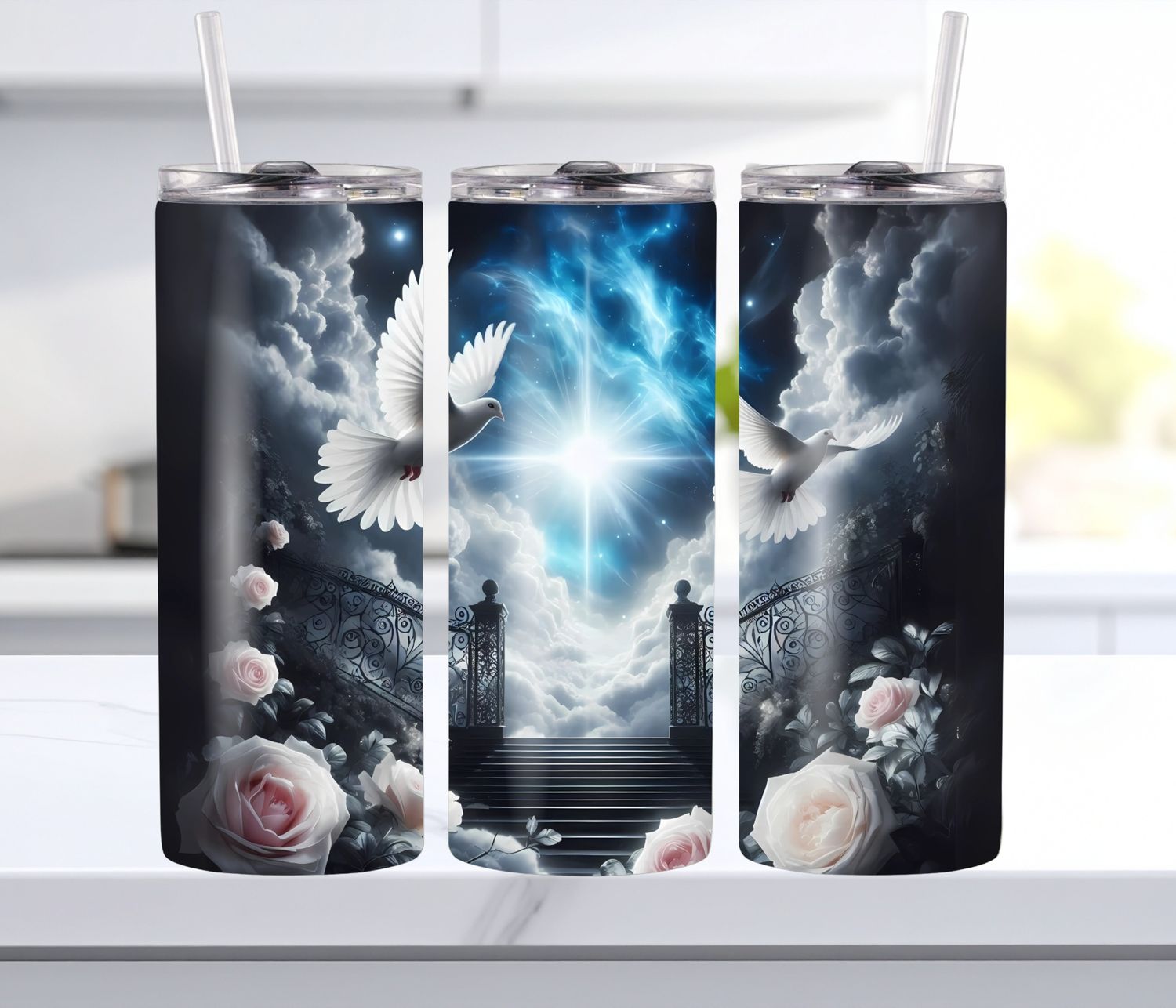 Blue &amp; Black Memorial 20 oz Tumbler – Custom Tribute Cup with Lid &amp; Straw | Personalized Remembrance Drinkware