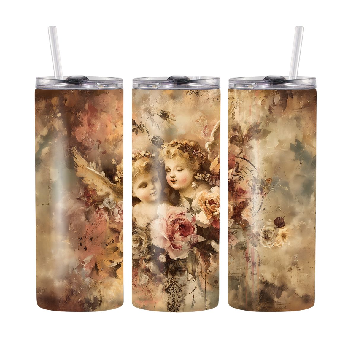 20 oz Vintage Gold Angel Tumbler – Elegant Full Wrap, Lid &amp; Reusable Straw