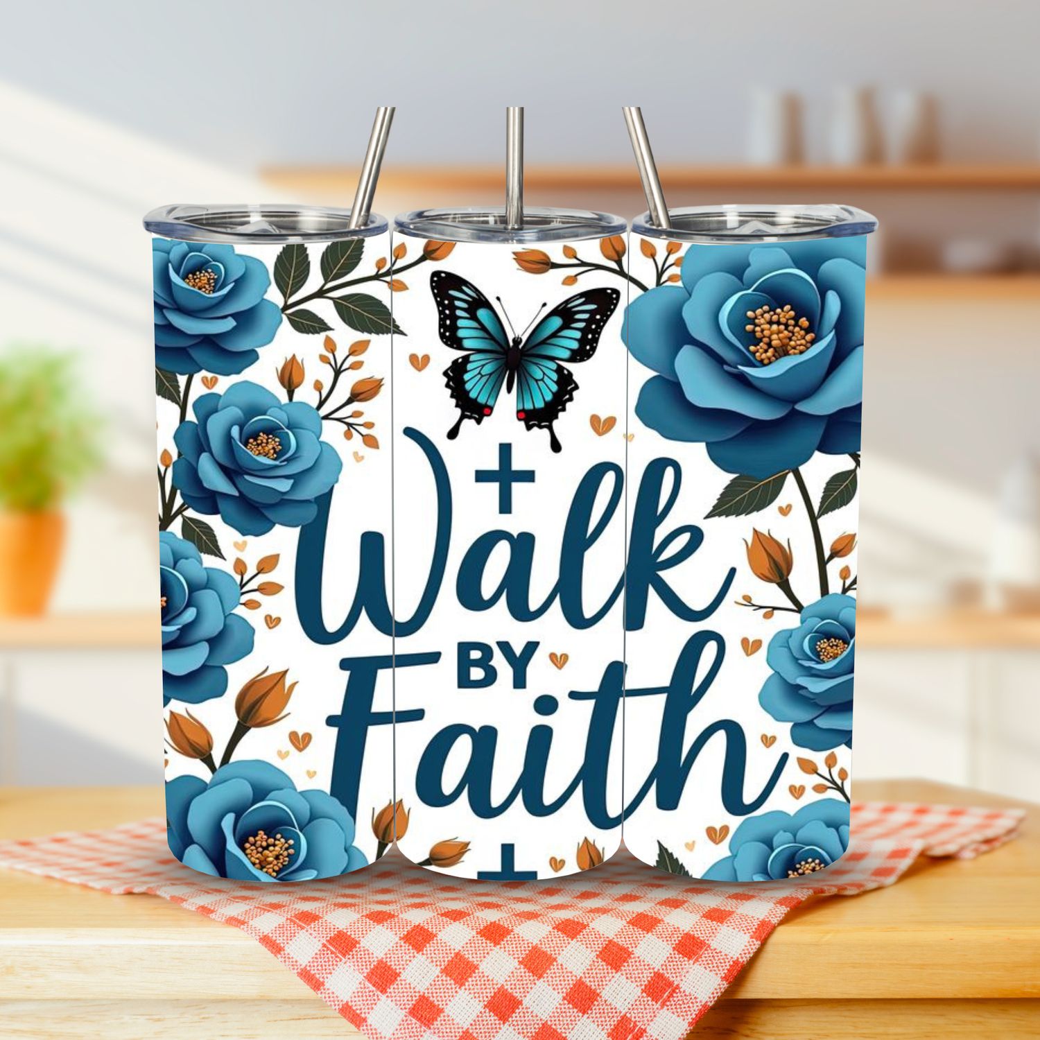 Walk by Faith 20 oz Stainless Steel Tumbler – Turquoise &amp; White | Lid &amp; Straw Included