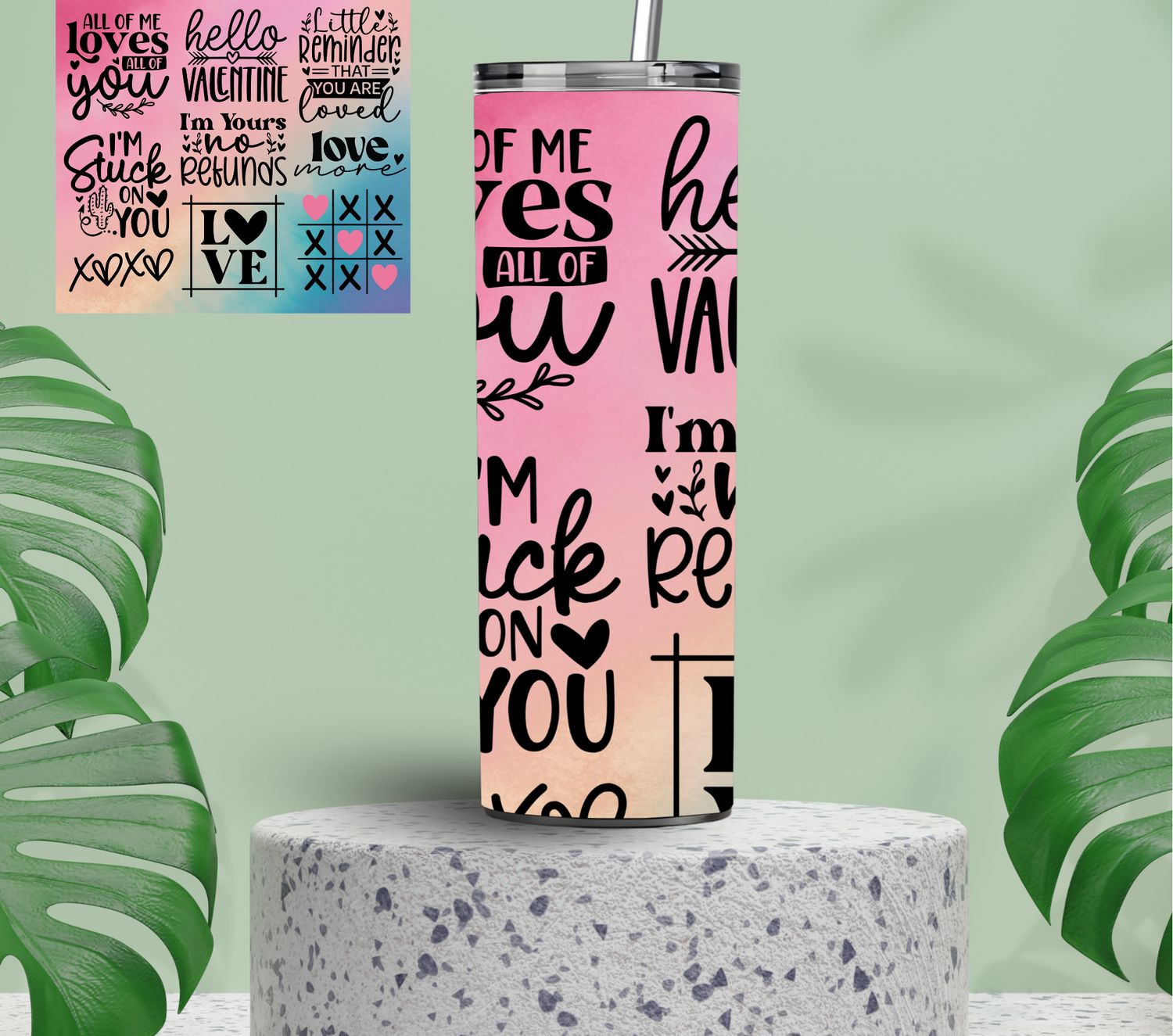 20 oz Valentine’s Tic-Tac-Toe Tumbler – “I’m Stuck on You” Design with Lid &amp; Straw