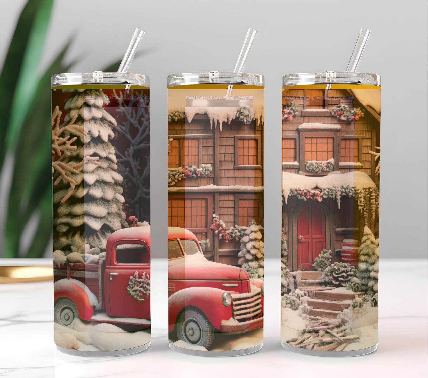 20 oz Christmas House Tumbler – Red House &amp; Truck Design