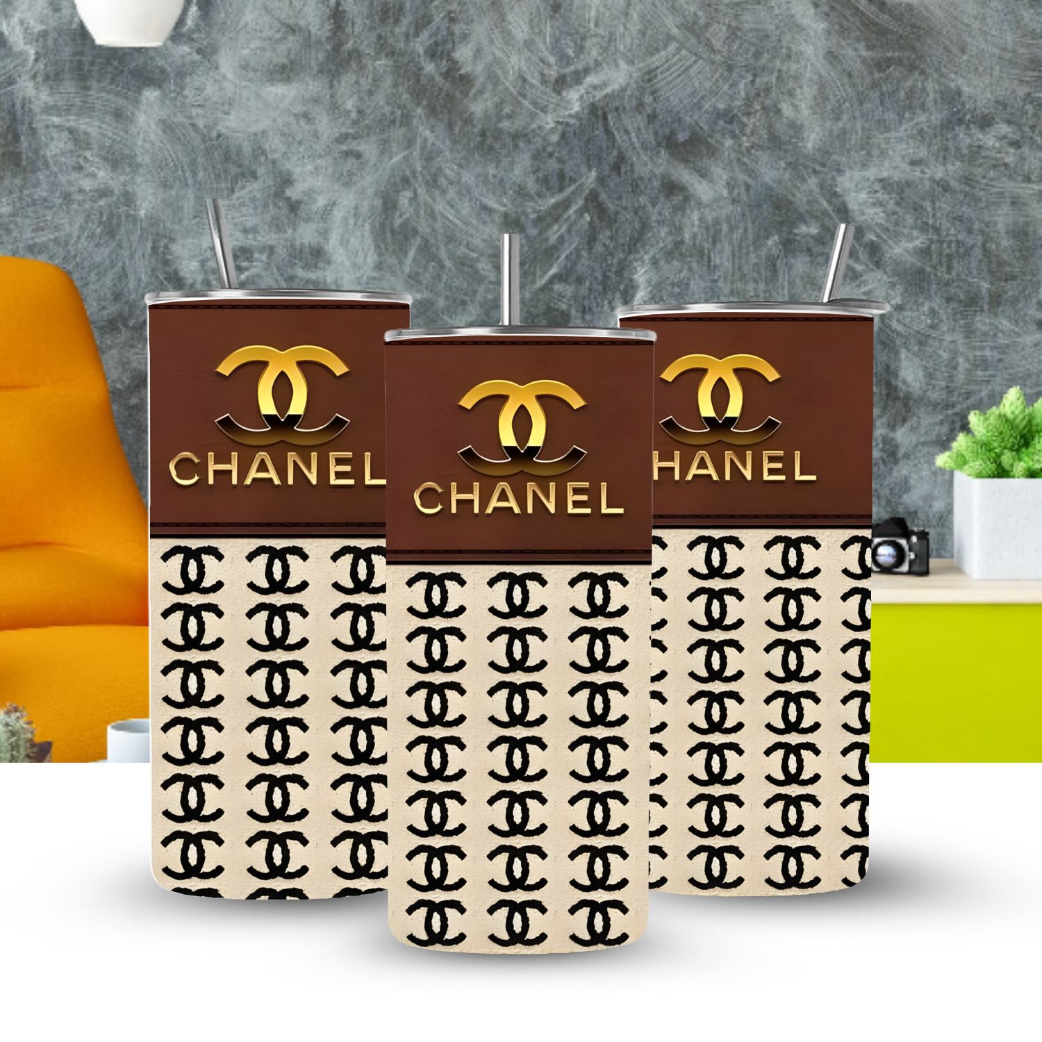 20oz Luxury Purse Tumbler – Designer-Inspired Dark &amp; Light Brown with Chanel Symbols