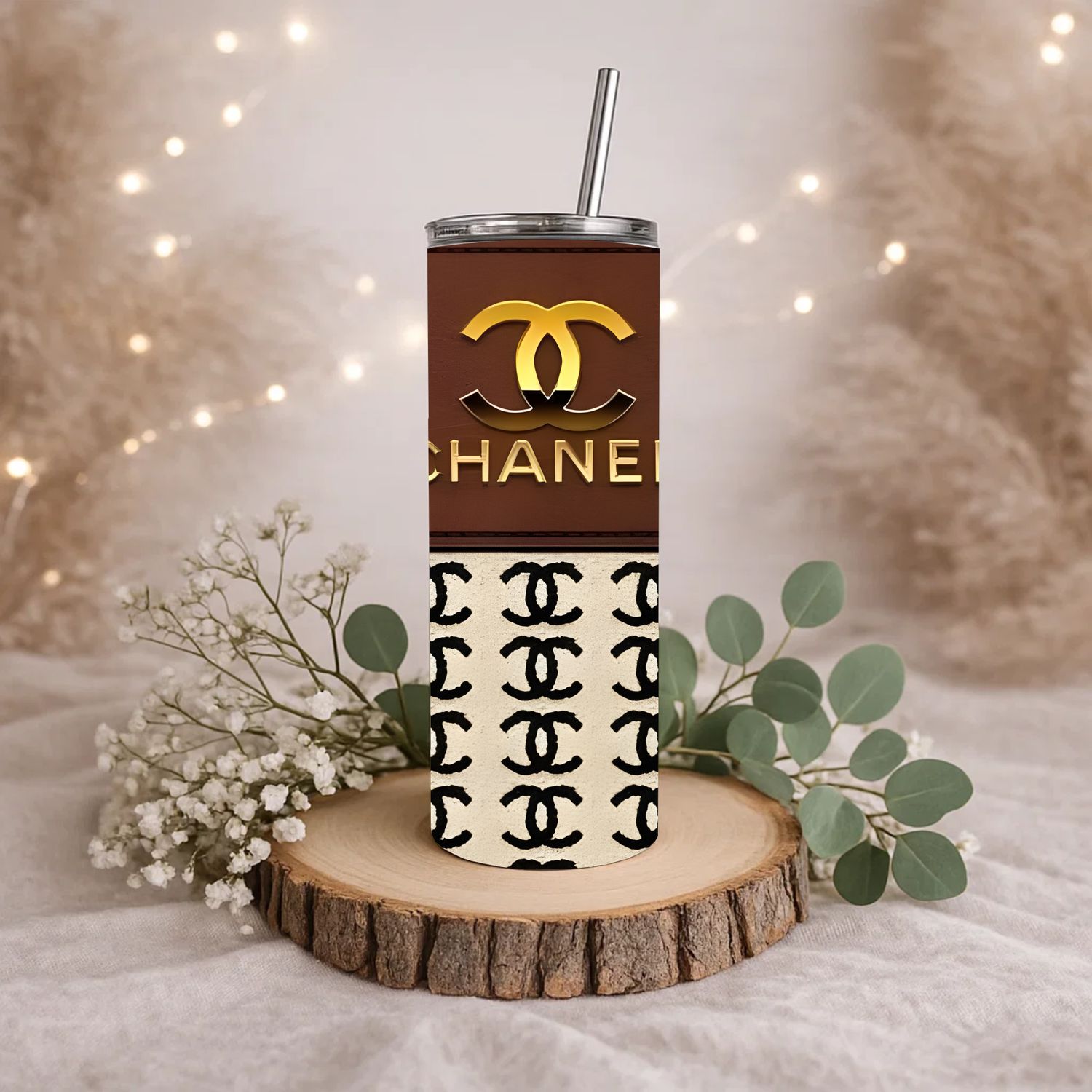 20oz Luxury Purse Tumbler – Designer-Inspired Dark & Light Brown with Chanel Symbols