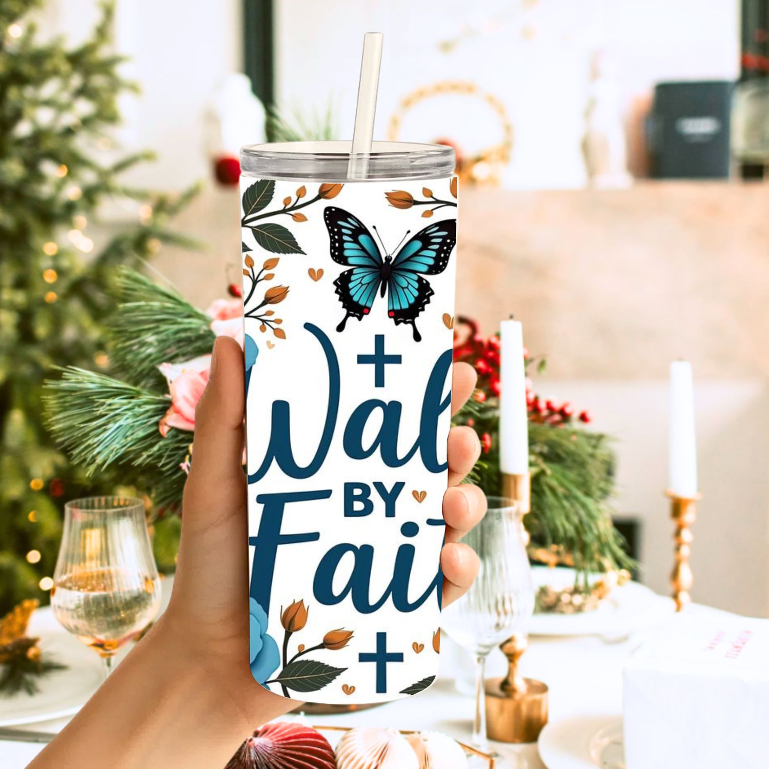 Walk by Faith 20 oz Stainless Steel Tumbler – Turquoise & White | Lid & Straw Included