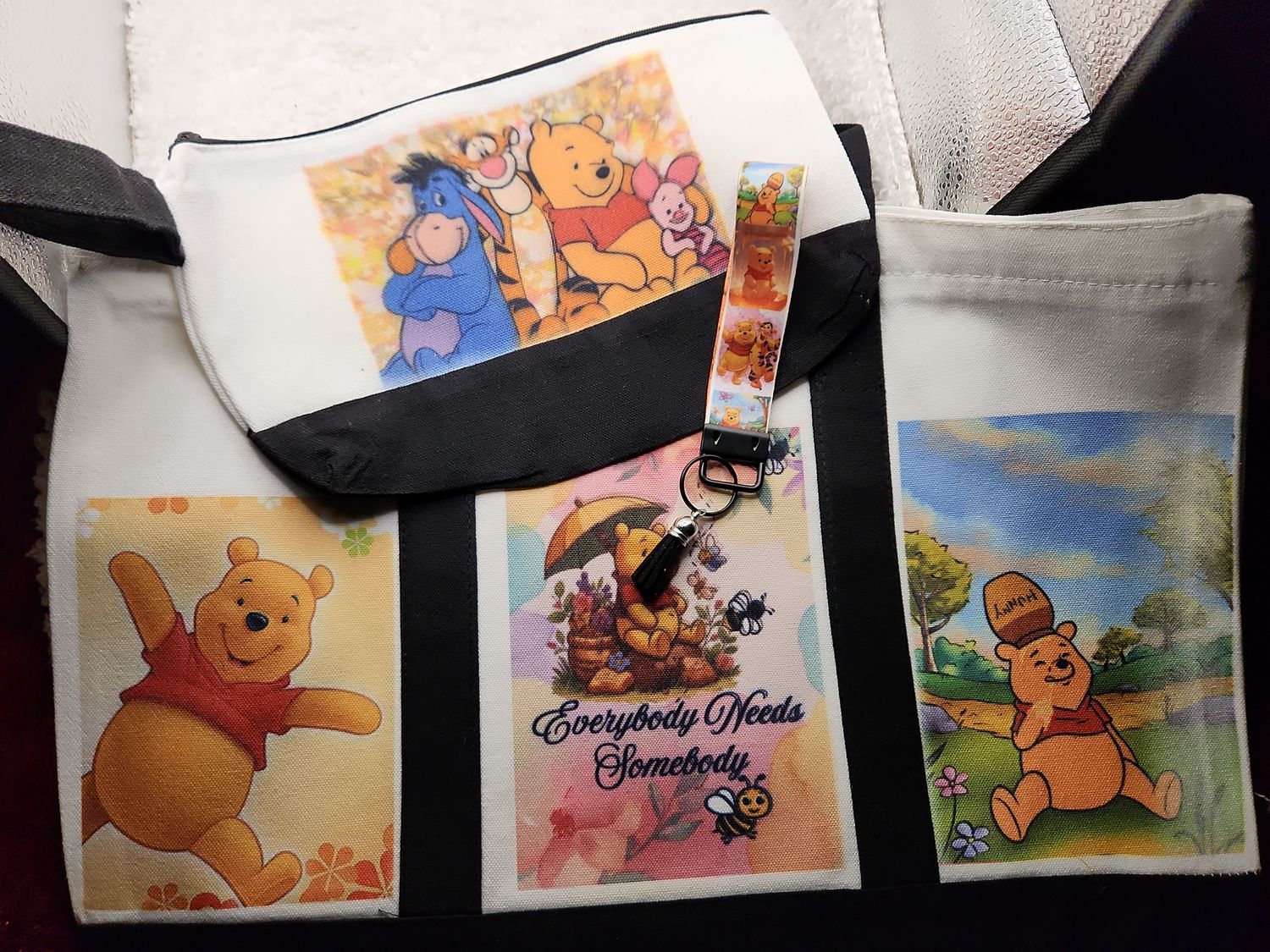 Winnie the Pooh-Inspired Tote Bag Set with Large Tote, Makeup Bag &amp; Key Chain