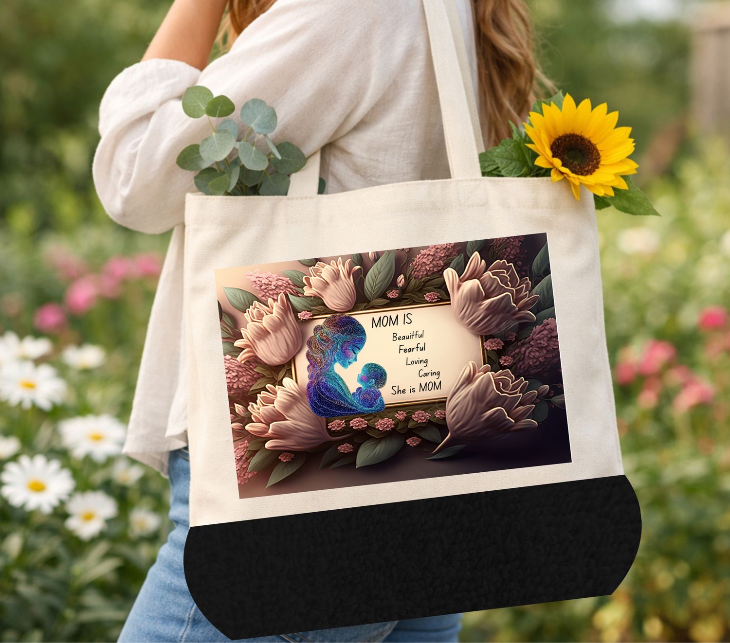 Large Mother’s Day Tote Bag – Bronze Floral “Mom Is…”