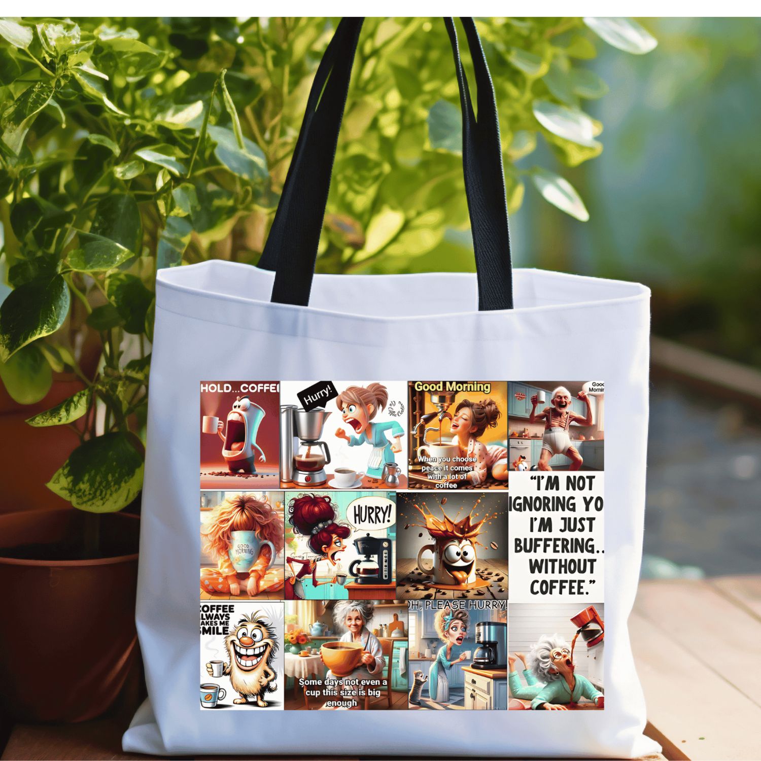 Funny Coffee Lover Tote Bag – Caffeine Meltdown Cartoon Collage Canvas Bag