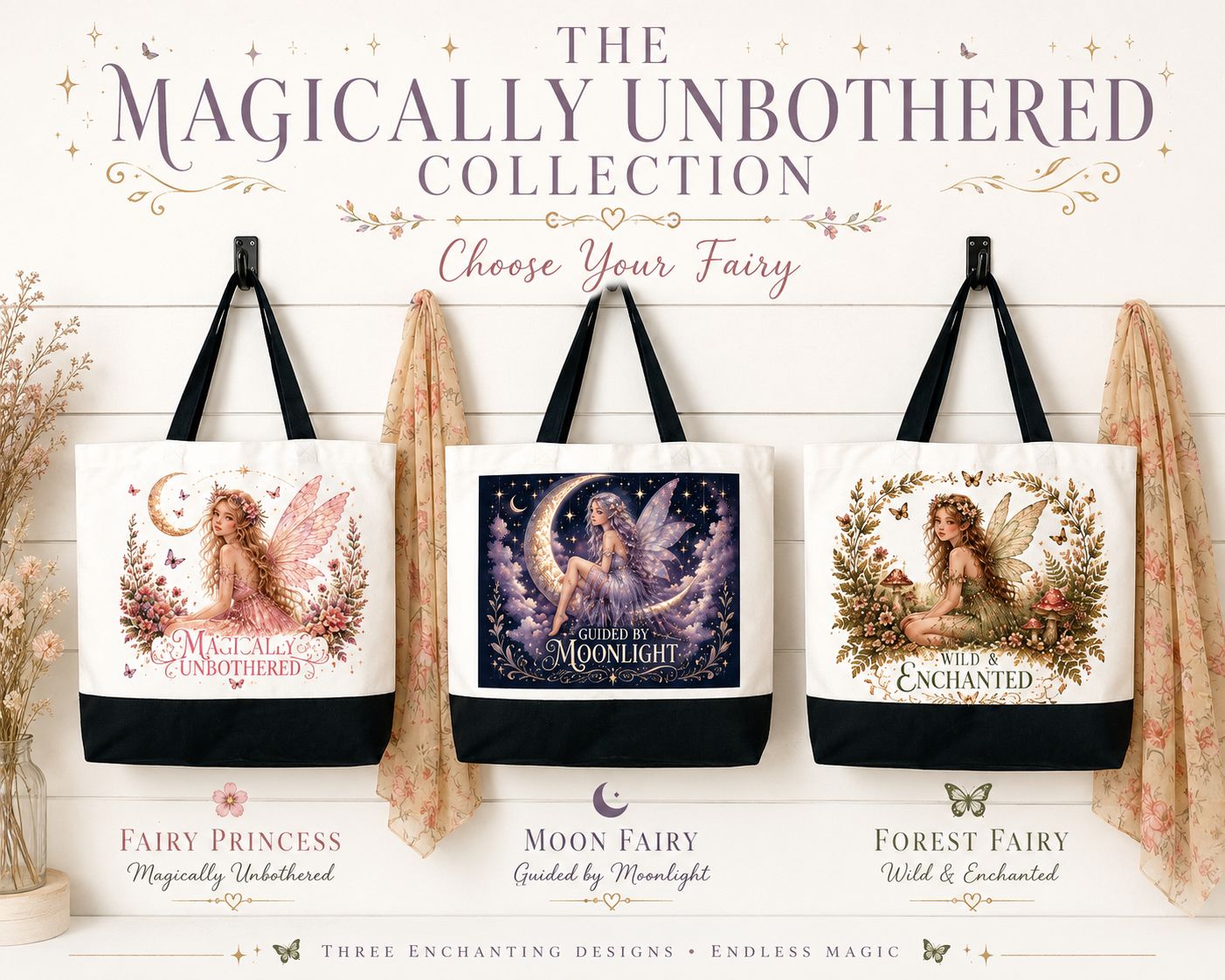 Fairycore Tote Bag Collection – Choose Your Fairy | Magically Unbothered, Guided by Moonlight & Wild & Enchanted Fairycore Tote Bag Collection – Choose Your Fairy | Magically Unbothered, Guided by Moonlight & Wild & Enchanted