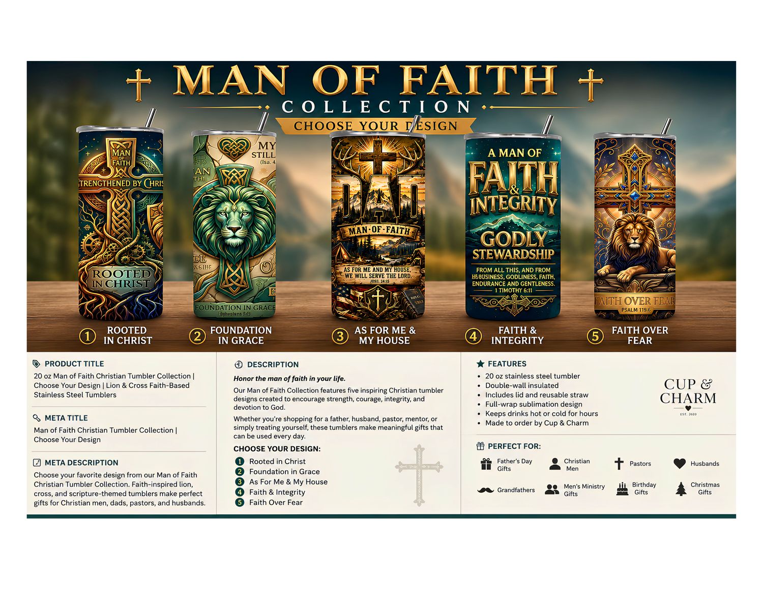 20 oz Man of Faith Christian Tumbler Collection | Choose Your Design | Lion, Cross &amp; Scripture Inspired Stainless Steel Tumblers