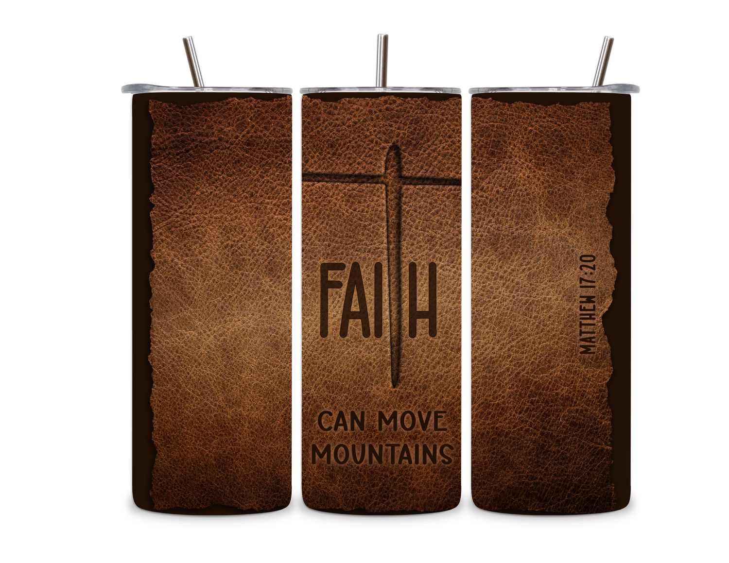 Faith Can Move Mountains Brown Leather-Look 20 oz Tumbler