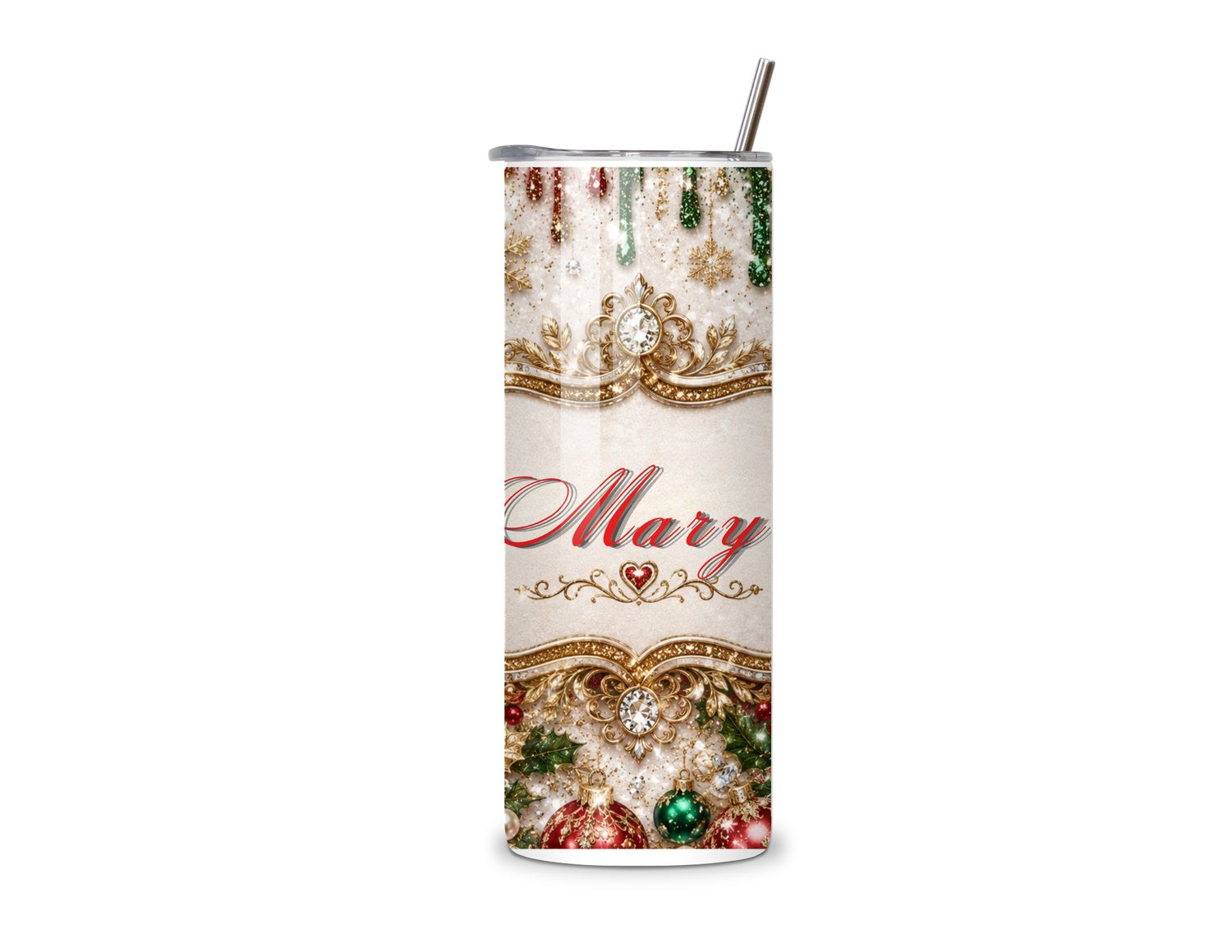 Elegant Christmas Poinsettia 20 oz Tumbler – Red, Green &amp; Gold Holiday Design – Personalized Option