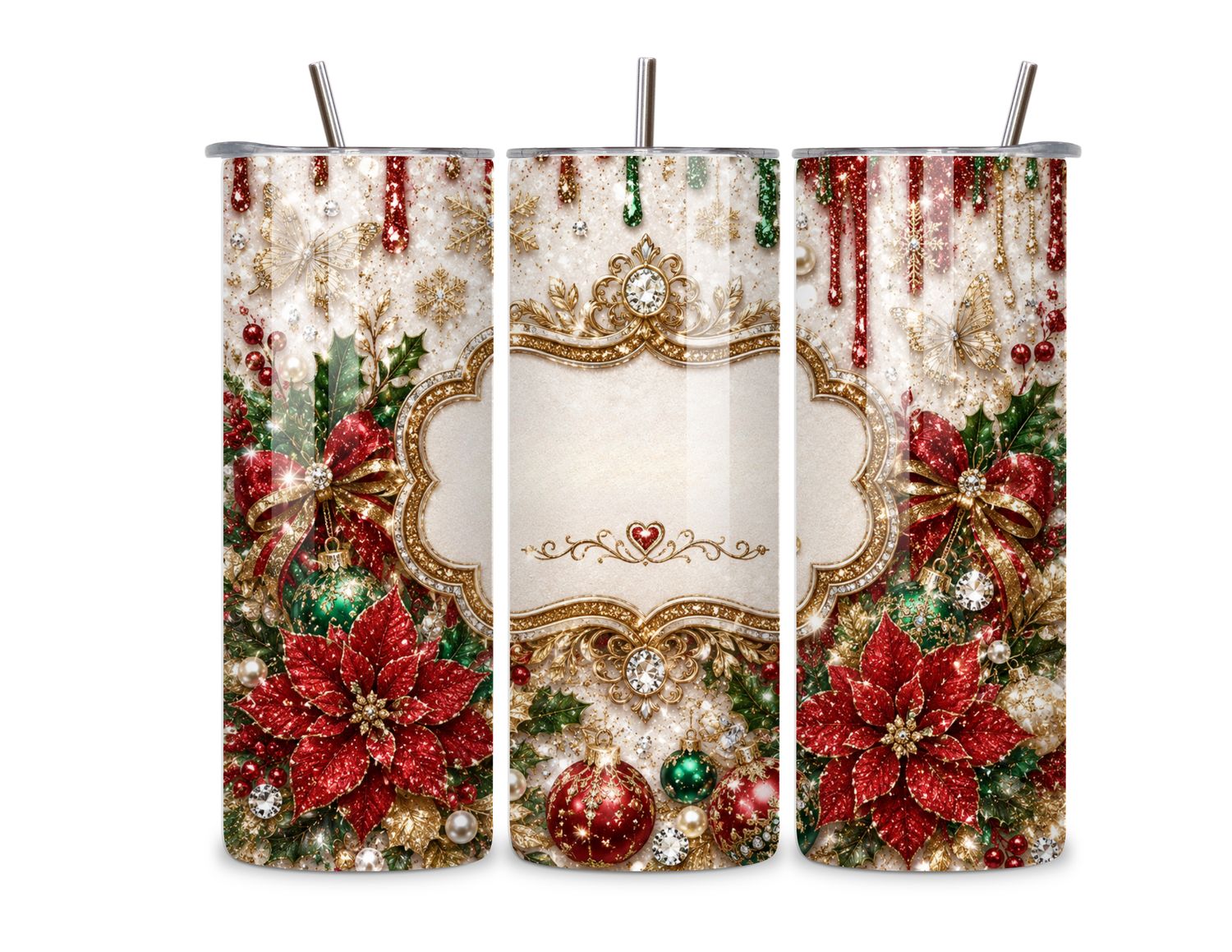 Elegant Christmas Poinsettia 20 oz Tumbler – Red, Green & Gold Holiday Design – Personalized Option