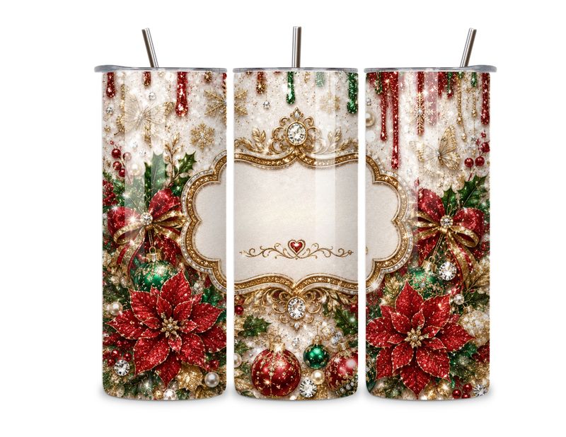 Elegant Christmas Poinsettia 20 oz Tumbler – Red, Green & Gold Holiday Design – Personalized Option
