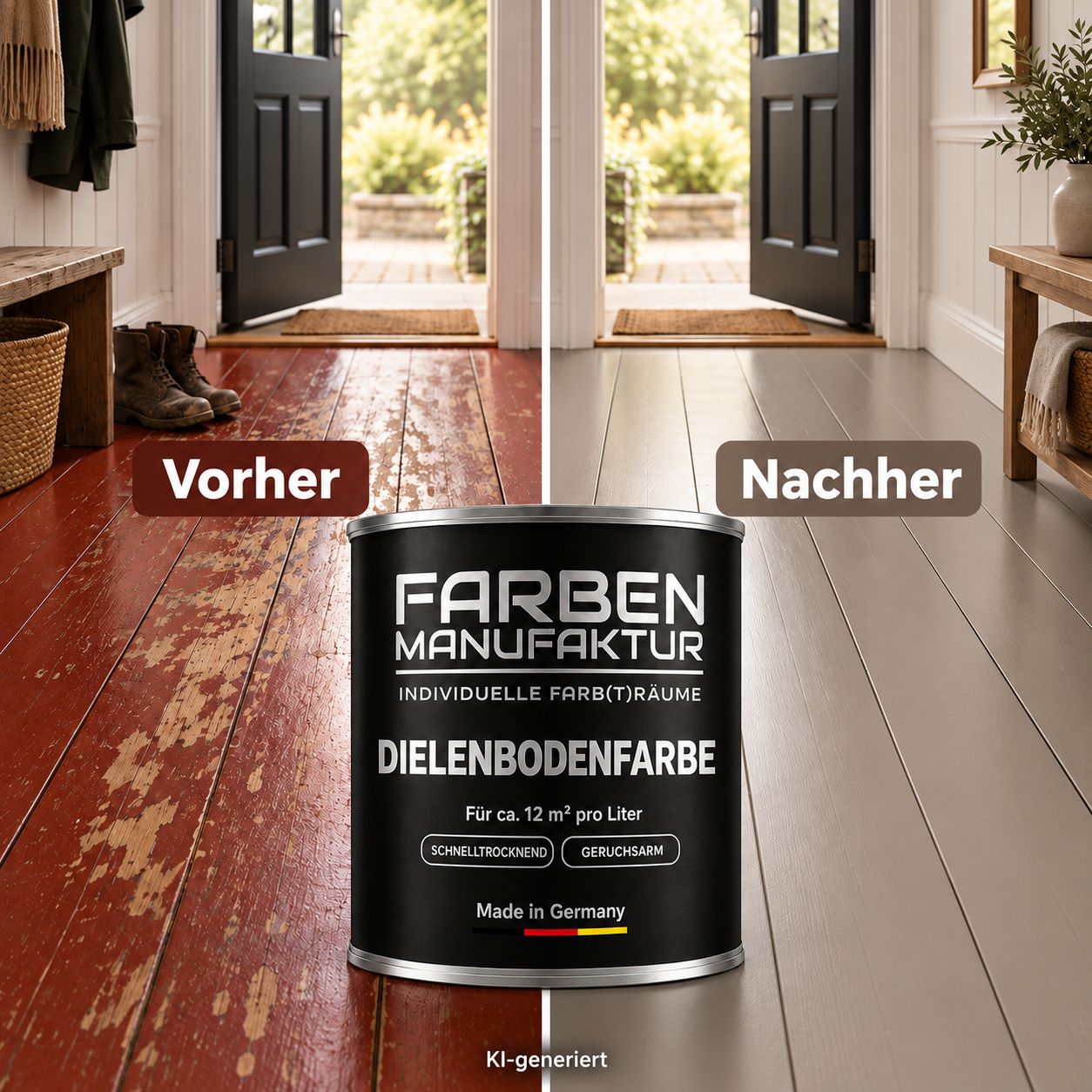 Dielenboden vorher und nachher mit Dielenbodenfarbe der Farben Manufaktur