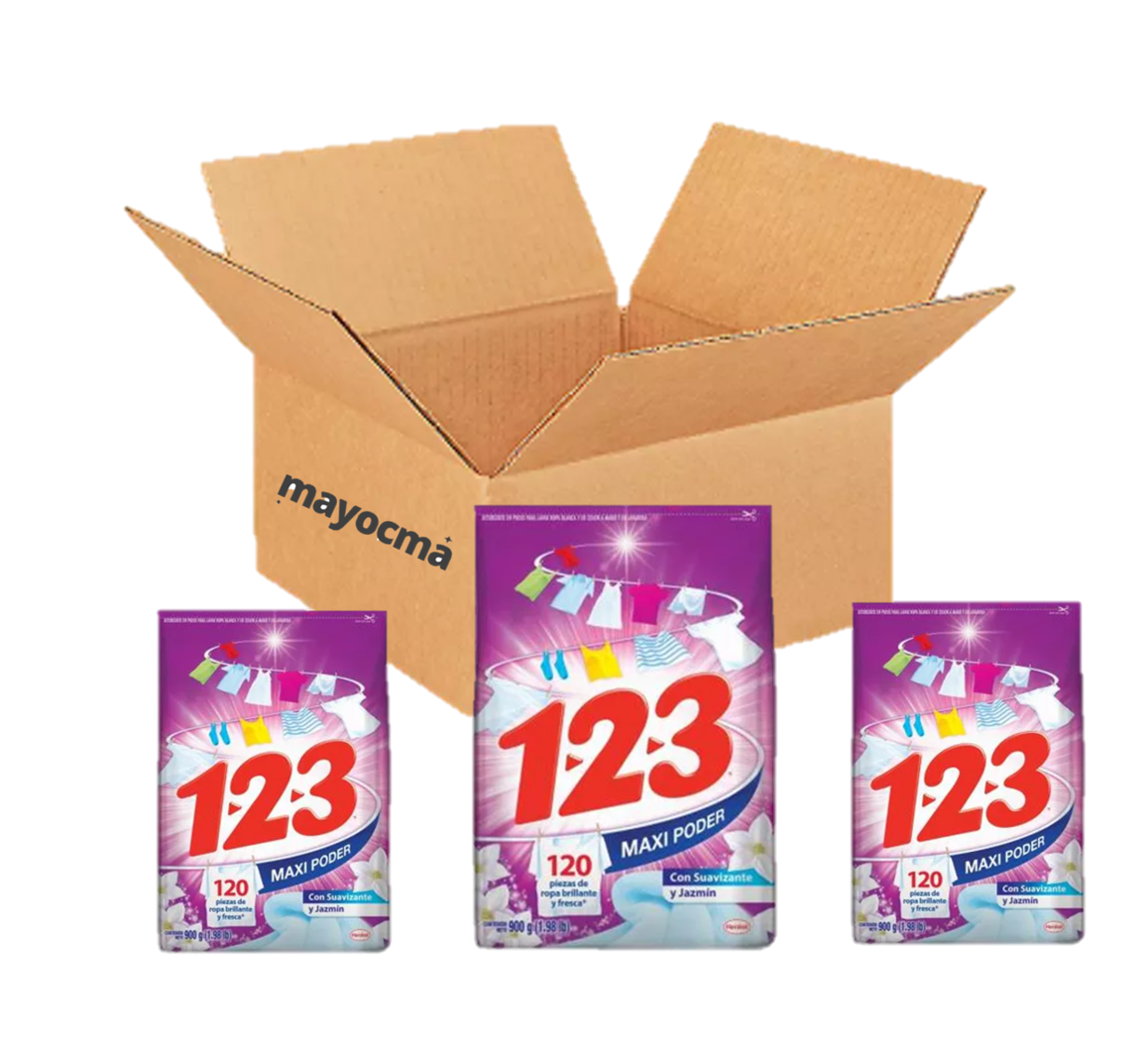 Caja Detergente 123 maxi poder y jazmín 20pza de 900 g c/u
