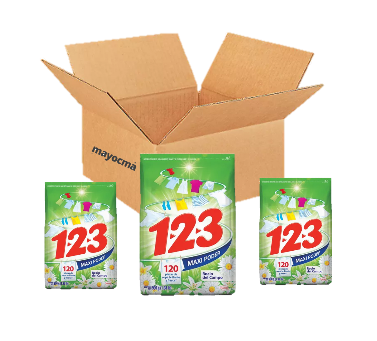 Caja Detergente 123 maxi poder rocio del campo 20pza de 900 g c/u