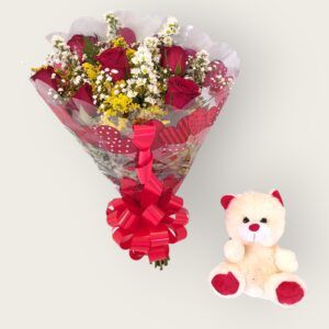 Buquê de 6 Rosas e Urso