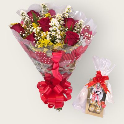 Buquê de 6 Rosas e Ferrero Rocher