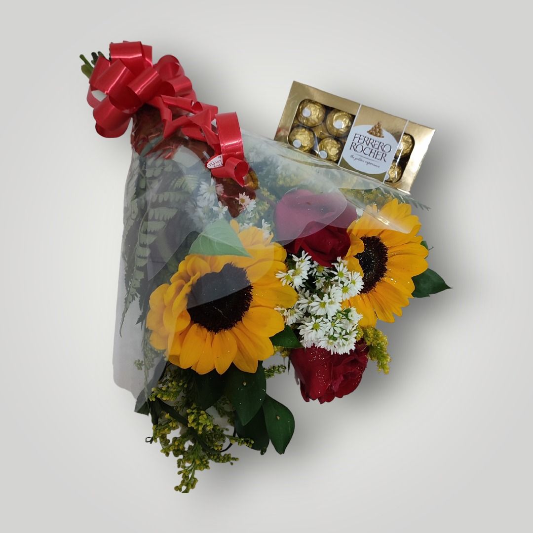 Ramalhete de Rosas e Girassóis + Ferrero Rocher