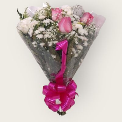 Buquê de 06 Rosas - Rosa e Branco
