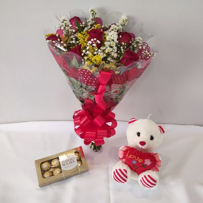 Buquê de 6 Rosas + Urso + Ferrero Rocher