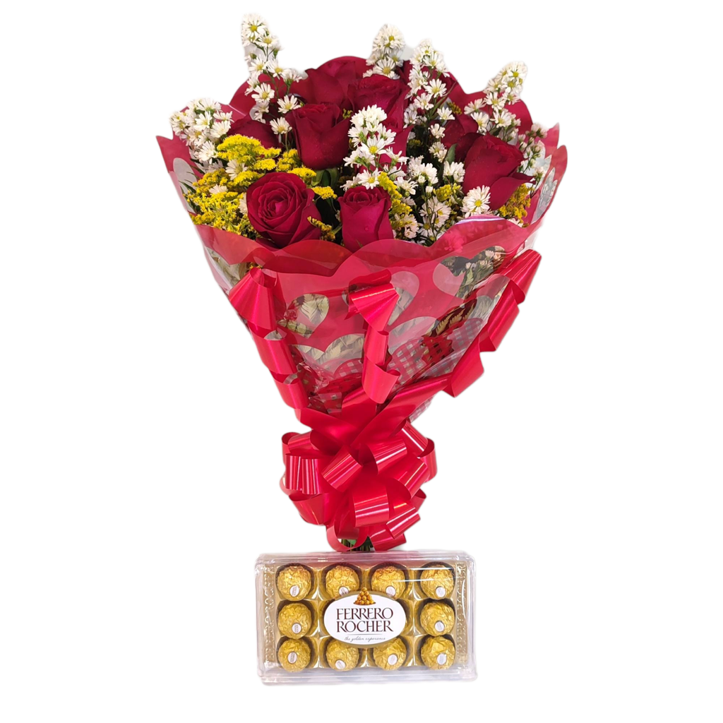 Buquê de 12 Rosas Tradicional + Ferrero Rocher