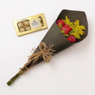Ramalhete de Rosas Vermelhas Elegância + Ferrero Rocher 08 Und.