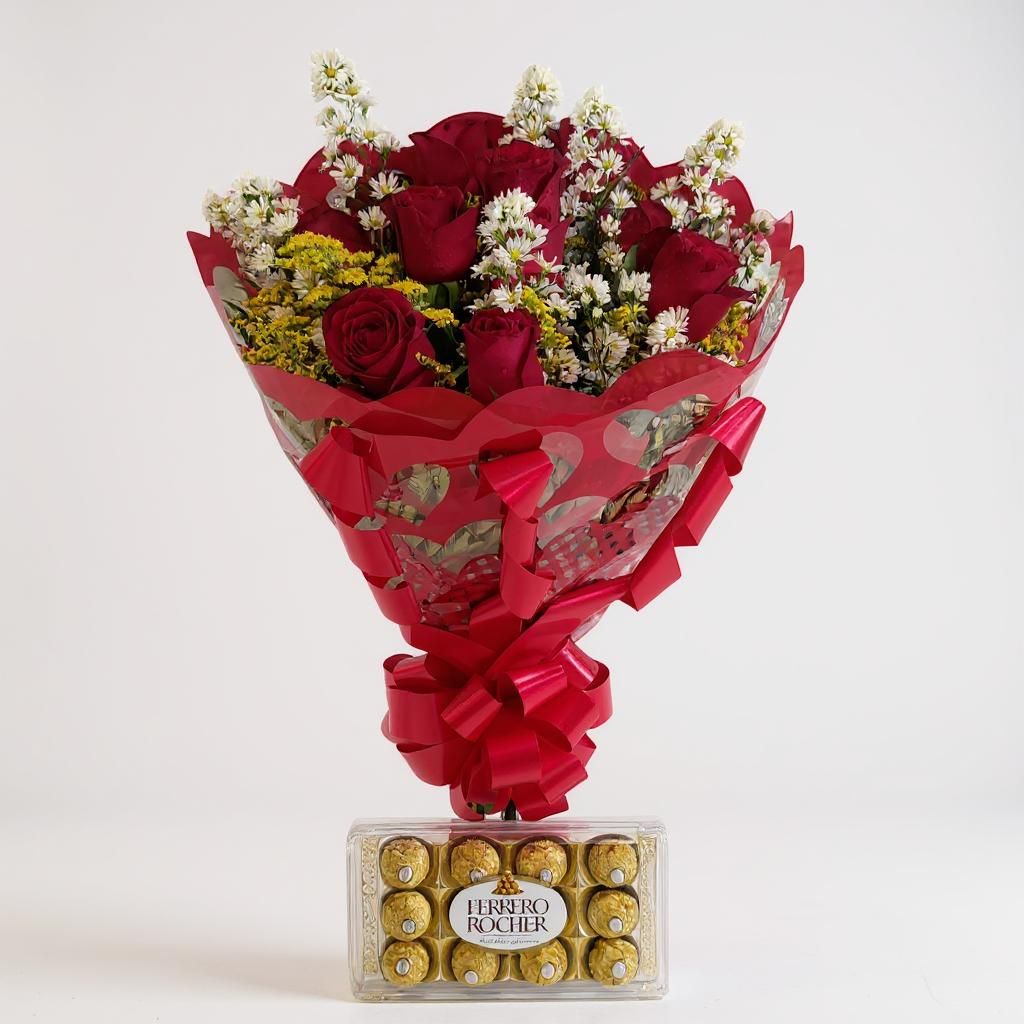 Buquê de 12 Rosas Tradicional + Ferrero Rocher