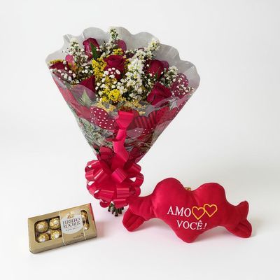 Buquê de 6 Rosas + Ferrero Rocher + Coração