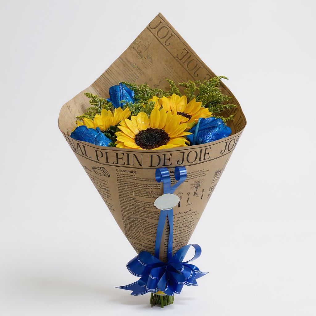 Buquê com Rosas Azuis e Girassóis Vintage