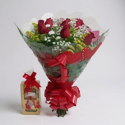 Buquê de 6 Rosas e Ferrero Rocher