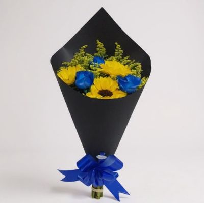 Buquê com Rosas Azuis e Girassóis Elegância