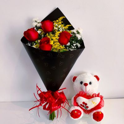 Buquê de Rosas Elegância e Urso