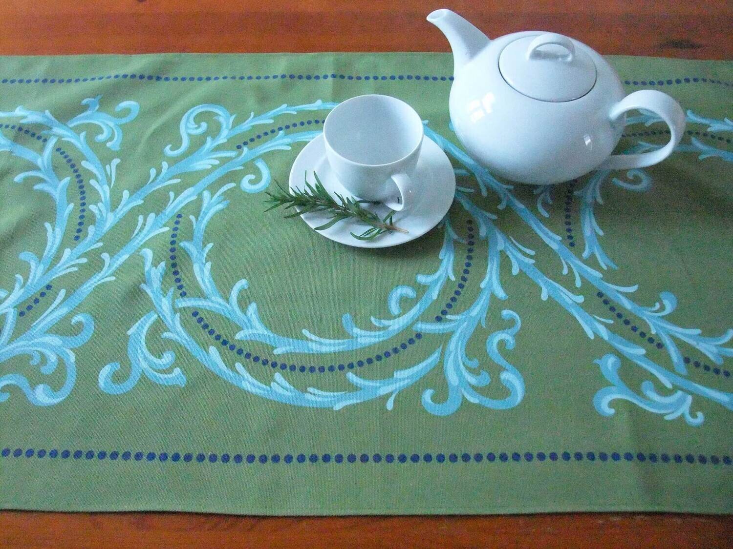 Tischläufer, Dornenhecke, grün/wasserblau, 45cm breit, zwei Längen
