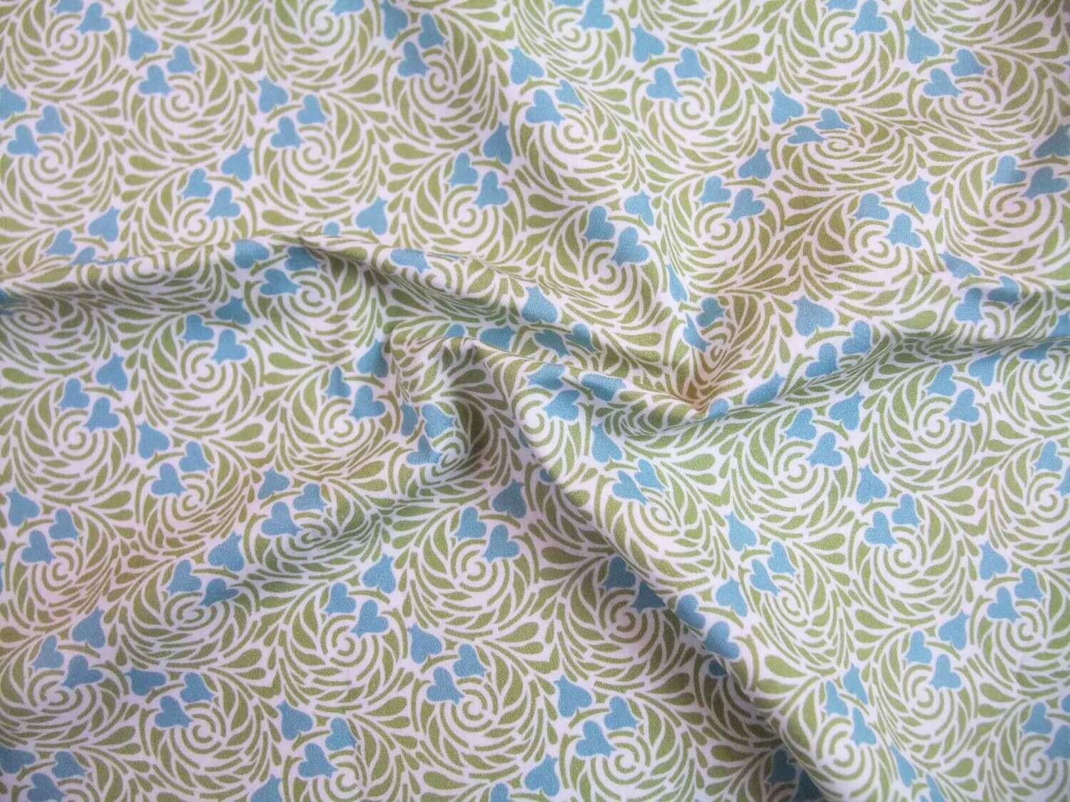 Popeline, Meterware, Baumwollstoff, Motiv Rabenwiese, grün-wasserblau, bio, 145cm breit