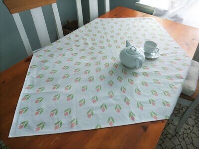 Quadratische Tischdecke, weiß/rosa, Krokusmotiv, Osterntischdecke, Baumwolle, Frühlingsmuster