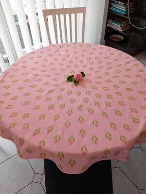 Runde Tischdecke, rosa-lachsfarbig-grün, Krokusmotiv, Ostertischdecke, Frühlingsmuster, Baumwolle