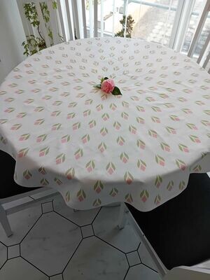 Runde Tischdecke, weiß/rosa, Krokusmotiv, Ostertischdecke, Frühlingsmuster, Baumwolle