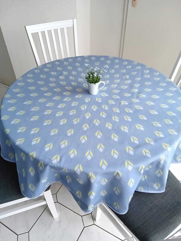 Runde Tischdecke, Helles Ultramarinblau, hellgrün- hellblau, Krokusmotiv, Ostern,  Frühlingsmuster, Baumwolle