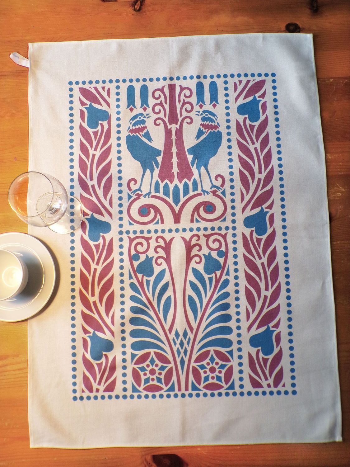 Geschirrtuch, 50x70cm, Baumwollstoff, Vogelmotiv, blau-flieder