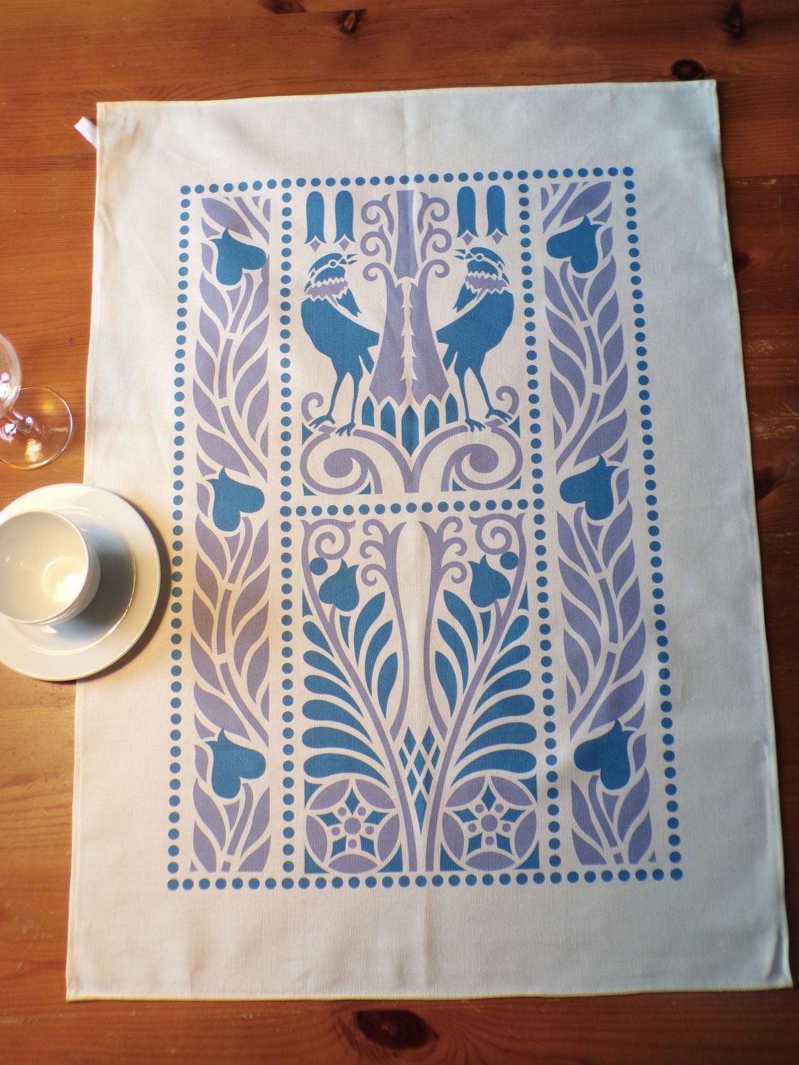 Geschirrtuch, 50x70cm, Baumwollstoff, Vogelmotiv, blau-lavendel