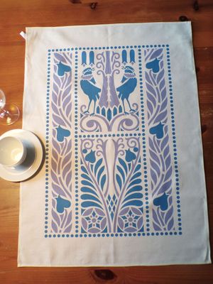 Geschirrtuch, 50x70cm, Baumwollstoff, Vogelmotiv, blau-lavendel