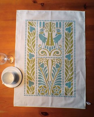 Geschirrtuch, 50x70cm, Baumwollstoff, Vogelmotiv, grün-wasserblau