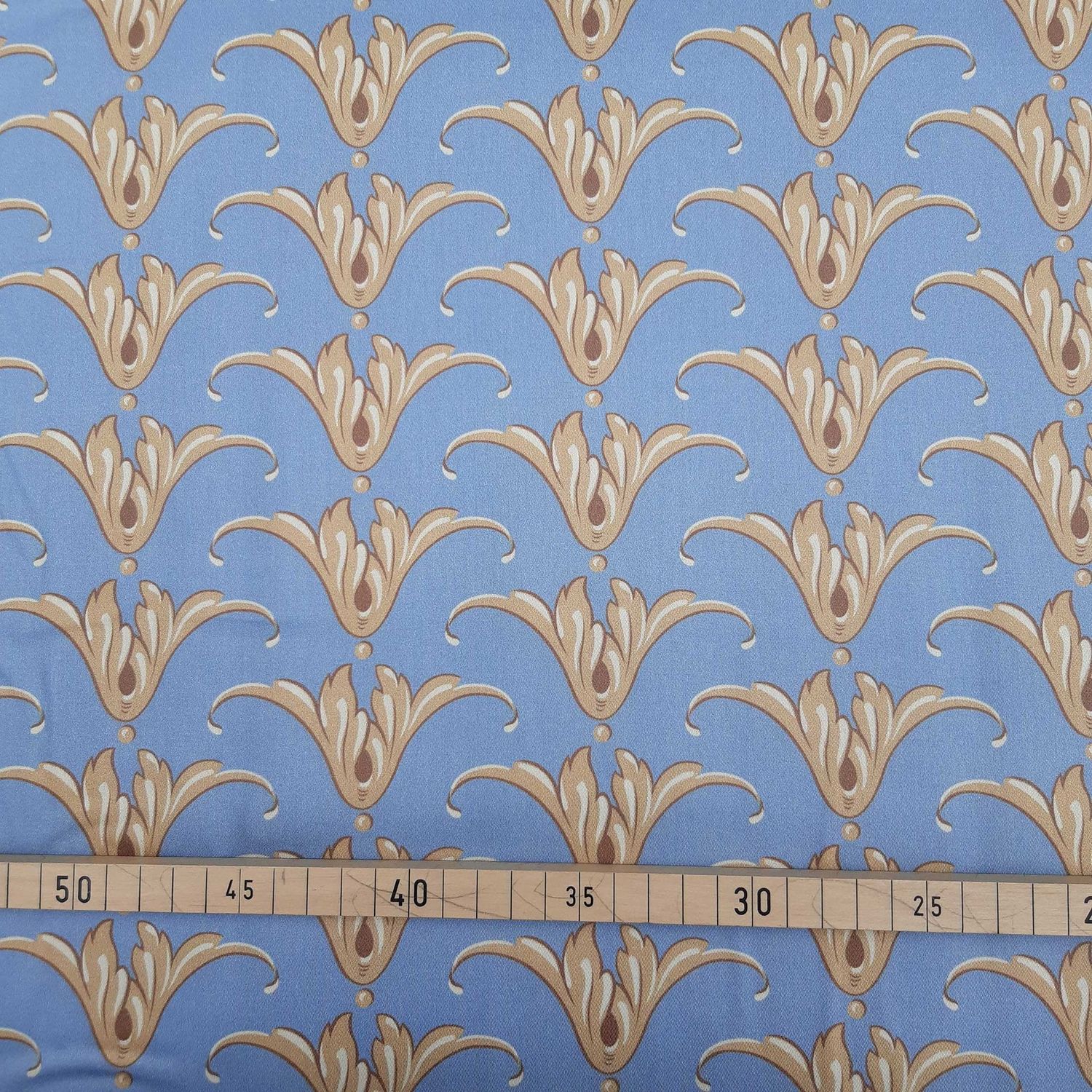 Mako-Satin, Meterware, Baumwolle,  Muster "Tulpe", Taubenblau/Sandtöne