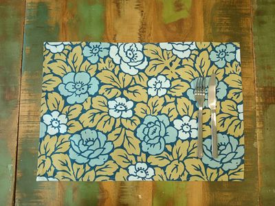 Platzset / Tischset, Rosenmuster, 50x35cm, zum Wenden, Baumwollstoff. grün/türkis Platzset / Tischset, Rosenmuster, 50x35cm, zum Wenden, Baumwollstoff. grün/türkis