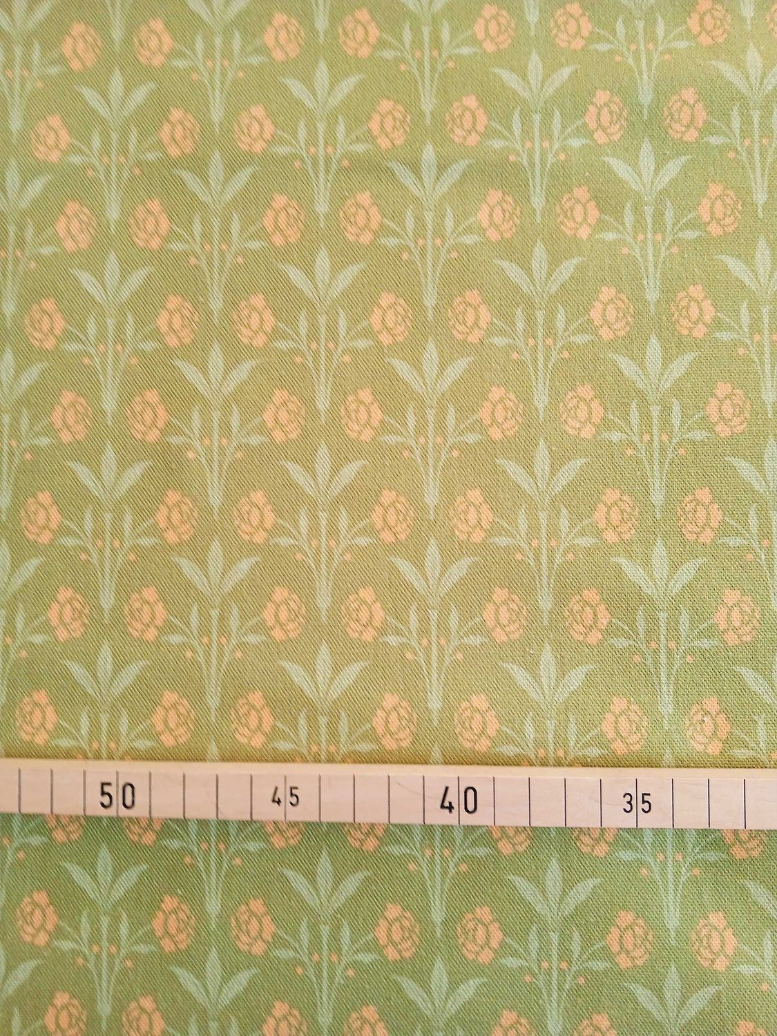 Halbpanama, Meterware, Baumwollstoff, Motiv "Erker", grün mit hellgrün/gelb, Gründerzeitliches/viktorianisches Muster