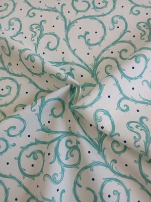 Halbpanama, Meterware, Motiv "Dornenhecke", Weiß mit türkisfarbigen Ranken und dunkelblauen Pünktchen, 200g/qm, Baumwollstoff, Tischdecken, Taschen, Dirndl, Trachten, Kissen aqua