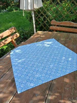 Quadratische Tischdecke, Mitteldecke, 75x75cm, jeansblau-weiß., Baumwollstoff, Quadratische Tischdecke, Mitteldecke, 75x75cm, jeansblau-weiß., Baumwollstoff, "Eiskristall 1"